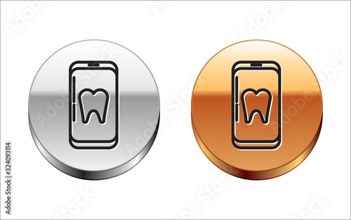 Black line Online dental care icon isolated on white background. Dental service information call center. Silver-gold circle button. Vector Illustration