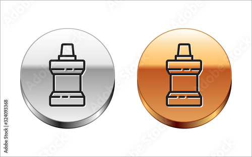 Black line Mouthwash plastic bottle icon isolated on white background. Liquid for rinsing mouth. Oralcare equipment. Silver-gold circle button. Vector Illustration