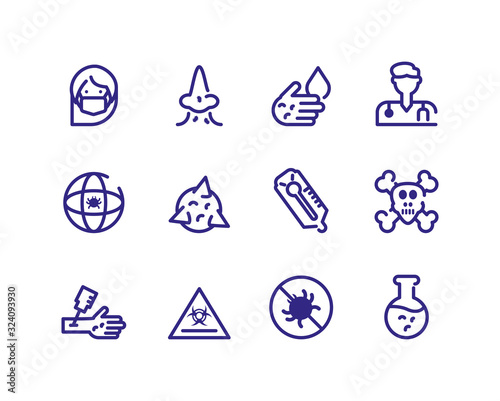 bacterias and sickness concept of icons set, thick line style