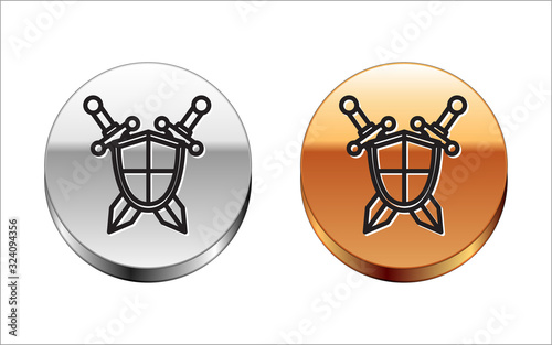 Black line Medieval shield with crossed swords icon isolated on white background. Silver-gold circle button. Vector Illustration