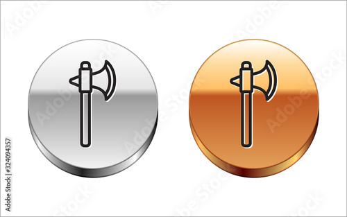 Black line Medieval axe icon isolated on white background. Battle axe, executioner axe. Silver-gold circle button. Vector Illustration