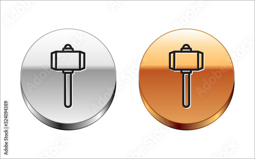 Black line Battle hammer icon isolated on white background. Silver-gold circle button. Vector Illustration