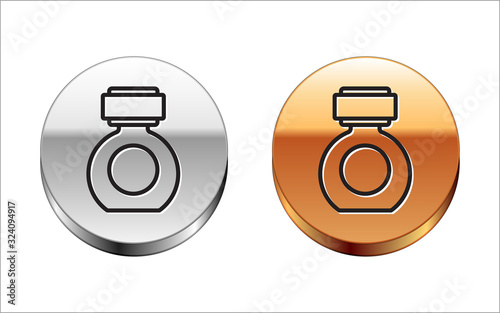 Black line Aftershave icon isolated on white background. Cologne spray icon. Male perfume bottle. Silver-gold circle button. Vector Illustration