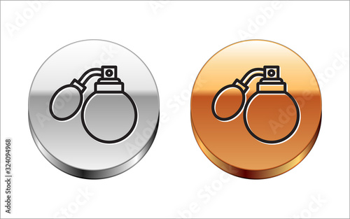 Black line Aftershave bottle with atomizer icon isolated on white background. Cologne spray icon. Male perfume bottle. Silver-gold circle button. Vector Illustration