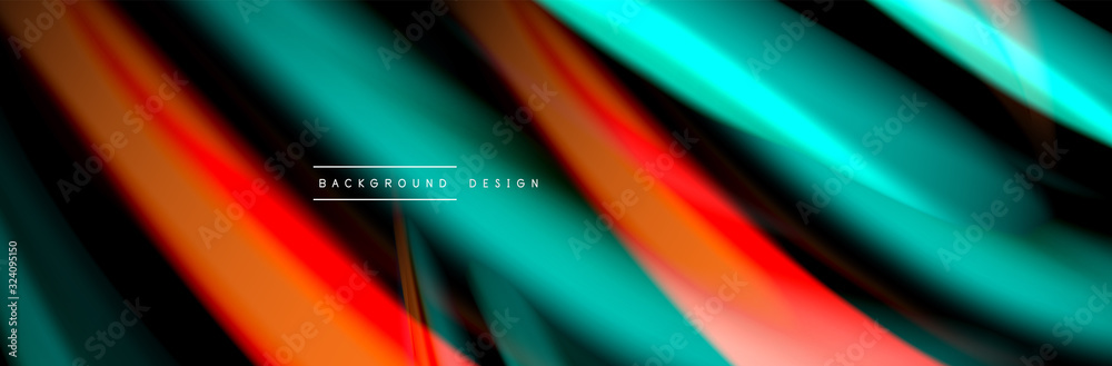 Silk and smooth flow wave poster design. Color waves, liquid style lines and shapes in black color background