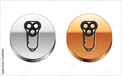 Black line Electric razor blade for men icon isolated on white background. Electric shaver. Silver-gold circle button. Vector Illustration