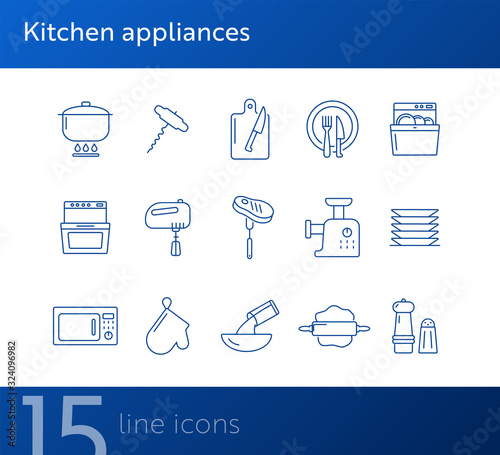 Kitchen appliances icons. Set of line icons. Mincing machine, mixer, rolling pin. Culinary concept. Vector illustration can be used for topics like restaurant business, cooking