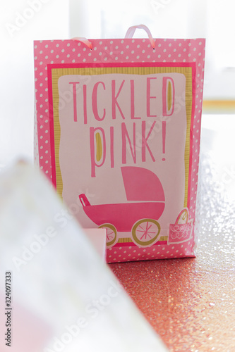 Tickled pink pink and white gift bag with photo of stroller 