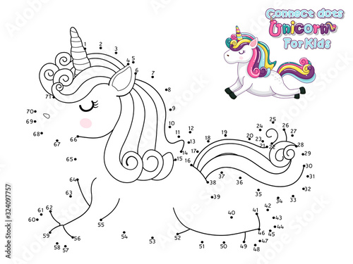 Connect The Dots and Draw Cute Cartoon Unicorn. Educational Game for Kids. Vector Illustration With Cartoon Animal Characters