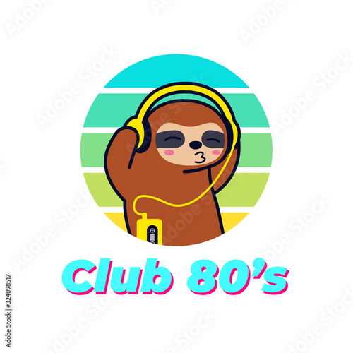 cute sloth is listening to music on cassette music player retro 80's style