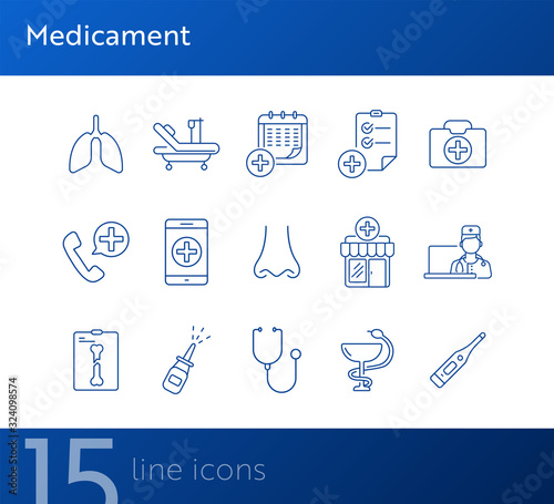Medicament icons. Set of line icons. Drugstore, ambulance call, medical calendar. Medical treatment concept. Vector illustration can be used for topics like medicine, healthcare, medical service