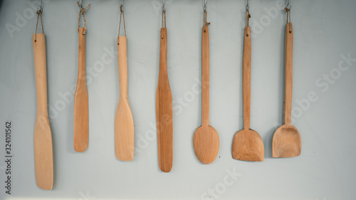 wooden spoons on white background, Cooking tools, Kitchen equipment set