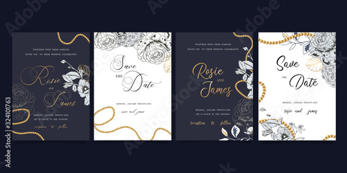 Wedding luxury set Invitation, floral invite thank you, rsvp modern card Design in gold flower with  leaf greenery  branches decorative Vector elegant rustic template