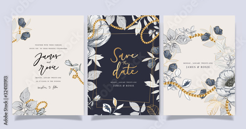 Wedding luxury set Invitation, floral invite thank you, rsvp modern card Design in gold flower with  leaf greenery  branches decorative Vector elegant rustic template