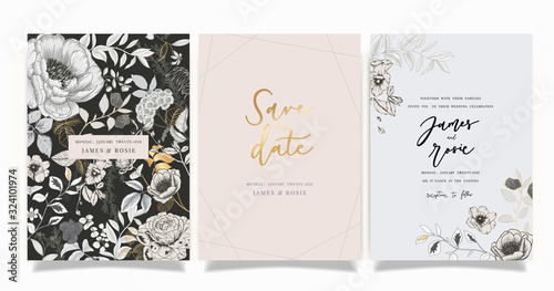Wedding luxury set Invitation, floral invite thank you, rsvp modern card Design in gold flower with  leaf greenery  branches decorative Vector elegant rustic template