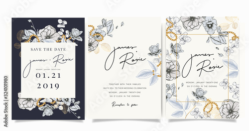 Wedding luxury set Invitation, floral invite thank you, rsvp modern card Design in gold flower with  leaf greenery  branches decorative Vector elegant rustic template