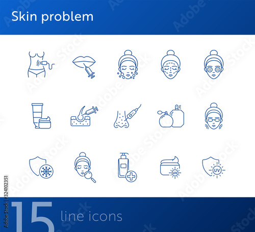 Skin problem line icon set. Woman, face, uv cream, peeling, injection Skin care concept. Can be used for topics like beauty salon, cosmetologist, acne