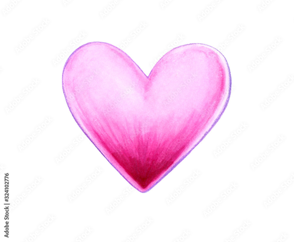 Delicate pink heart, drawn with markers and colored pencil. It is made in pastel colors, isolated on a white background. In can be used in design greeting cards, or as a print on fabric.