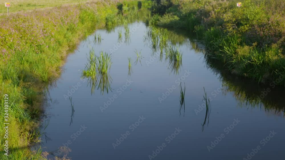 Looking down at water in a ditch in a field