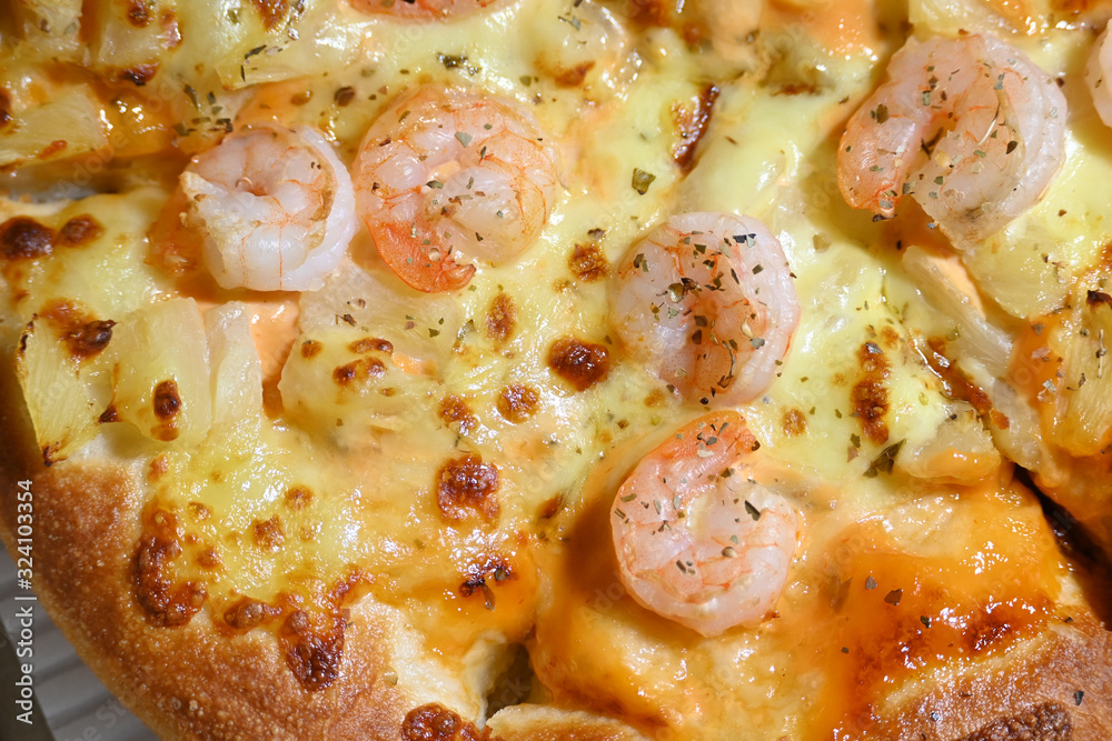 italian pizza cheese with pineapple and shrimp topping sea food italian pizza cheese with pineapple and shrimp topping sea food