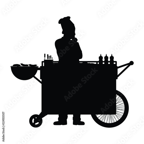 Road side merchant with food cart silhouette vector