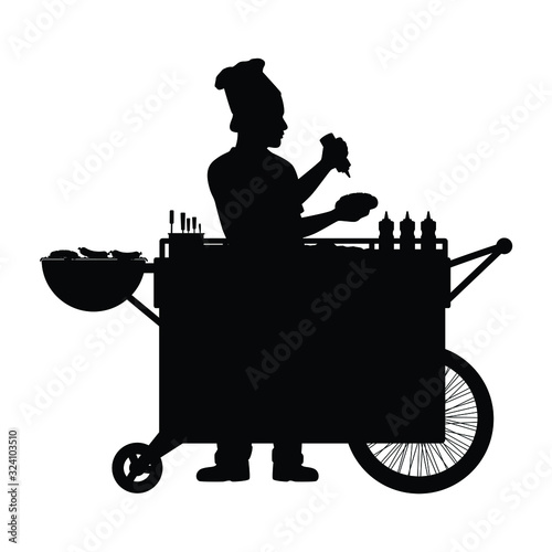 Road side merchant with food cart silhouette vector