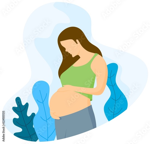 Pregnant woman with beautiful floral decoration. vector illustration