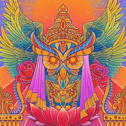 Owl Goddess of the Night, Psychedelic Owl, Animal Religion Style, Vintage and Neon Illustration