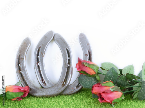 Slika na platnu Kentucky derby image of a pair of horseshoes and red roses on green grass with white background