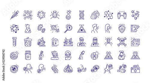 virus, chemistry and health icons set, line detail style