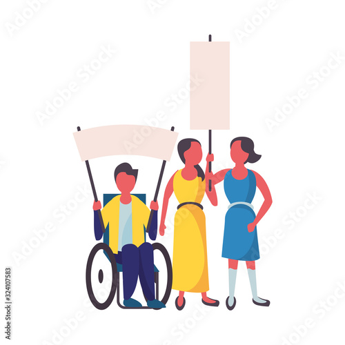 activists people in wheelchair with protest banners