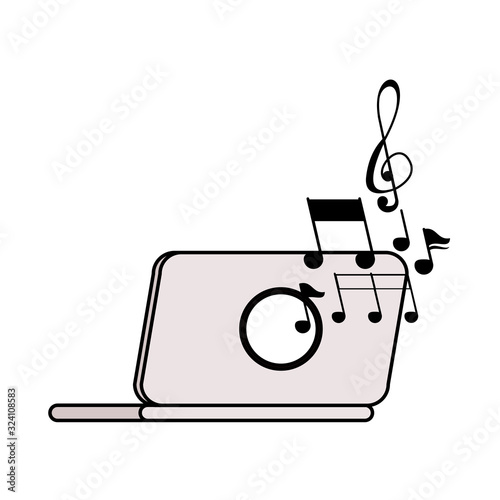 laptop computer with music notes