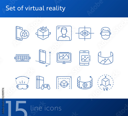 Set of virtual reality icons. Mobile and cube, eye scanner, game consol. Virtual reality concept. Vector illustration can be used for topics like VR, modern technologies, inventions