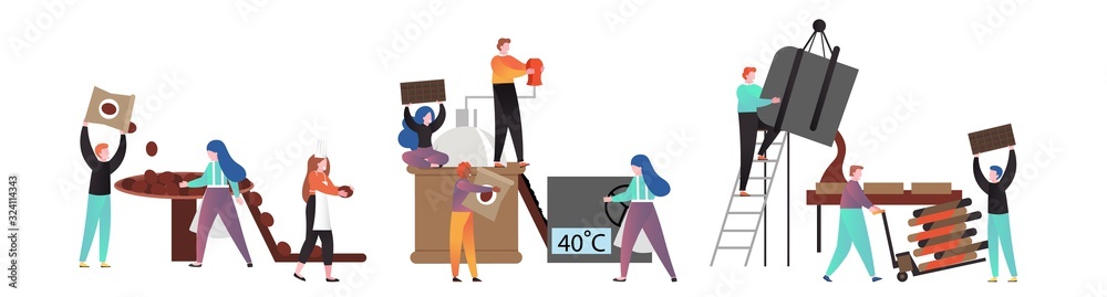 Obraz premium Chocolate making process, sweet food production cycle vector illustration