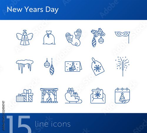 New Years Day thin line icon collection. Bengal fire, calendar, angel sign pack. Winter holidays concept. Vector illustration symbol elements for web design and apps