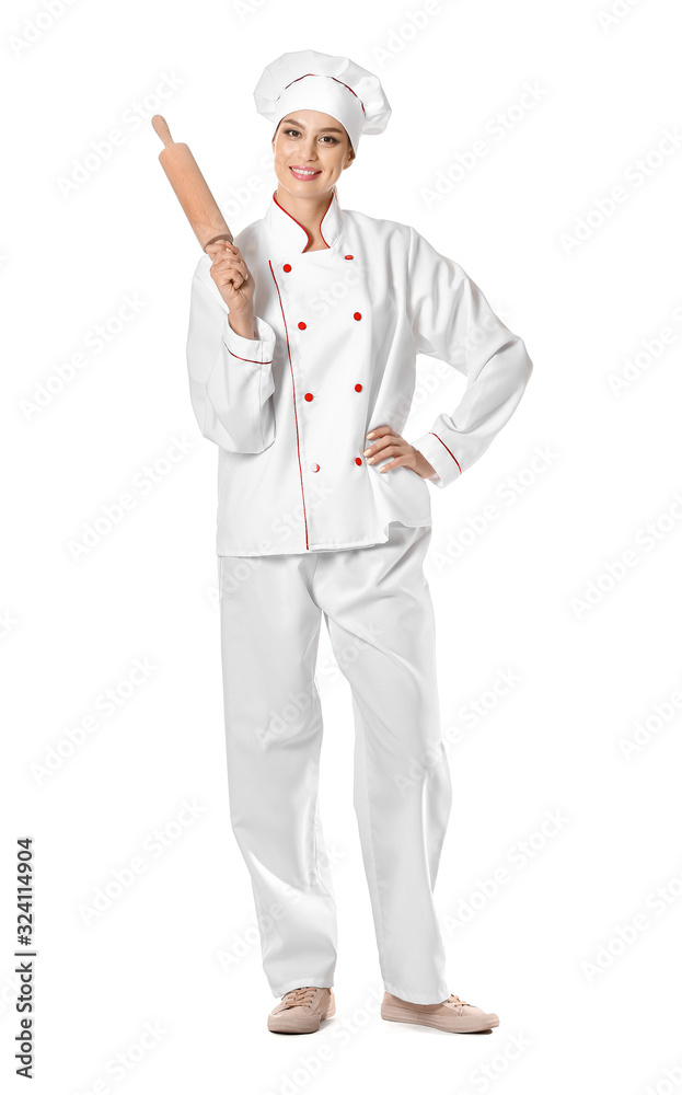 Beautiful female chef on white background