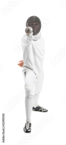 Young male fencer on white background