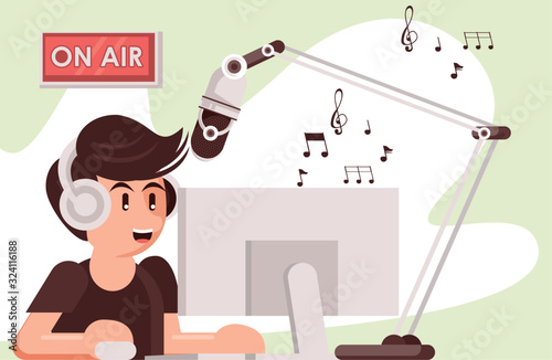 announcer with radio microphone and earphones