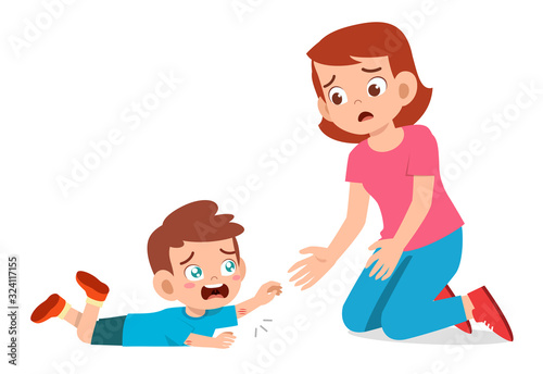 sad little kid boy cry with mother