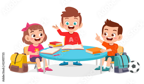 happy cute little kid boy and girl study together