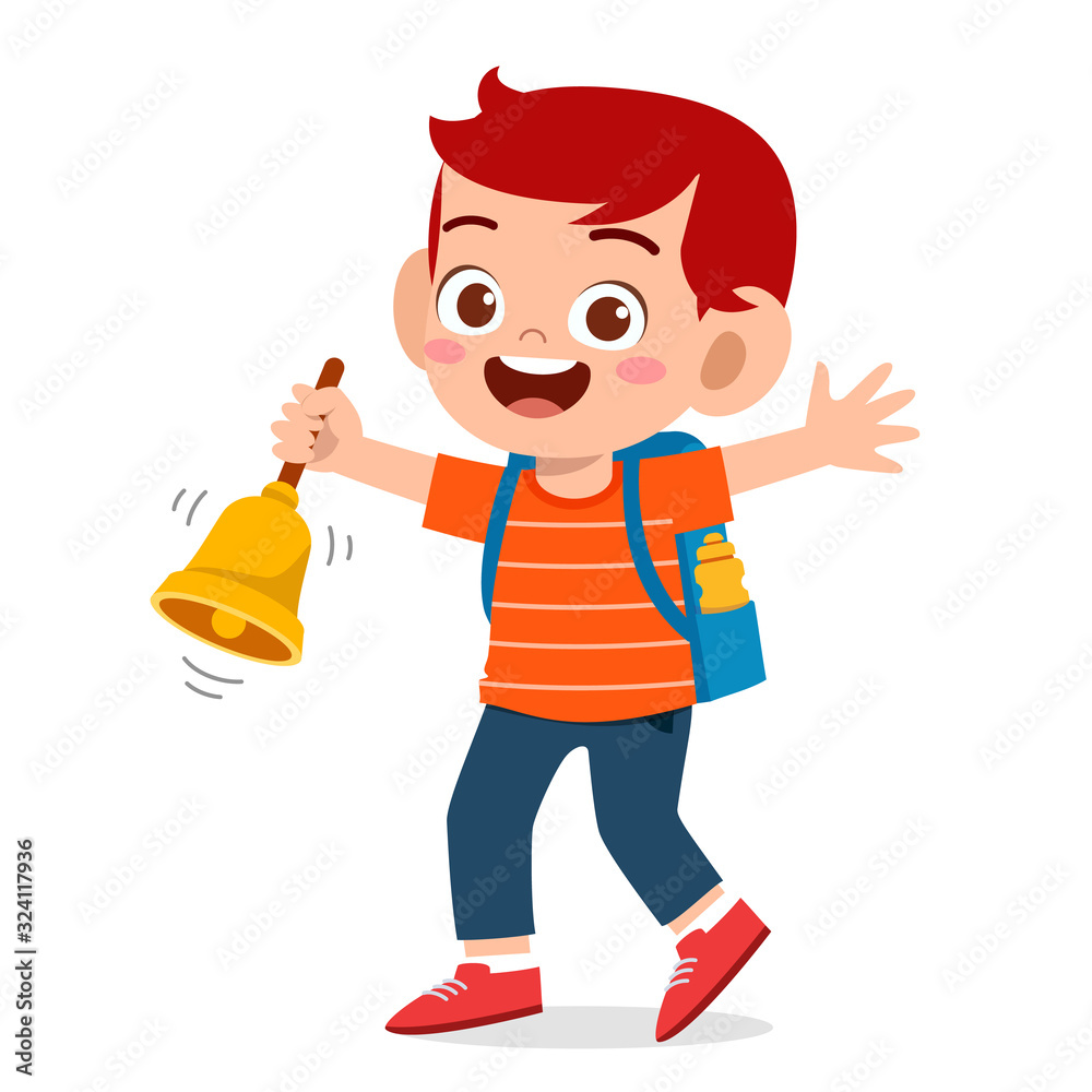 happy cute little kid boy and girl with teacher ring a bell happy cute little kid boy and girl with teacher ring a bell