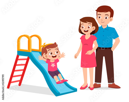 happy cute kid girl play slide with mom and dad