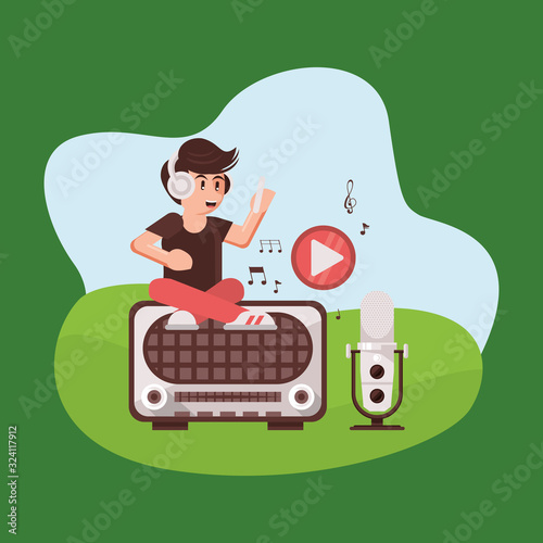 announcer with radio microphone and earphones