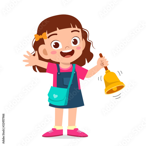 happy cute little kid boy and girl with teacher ring a bell