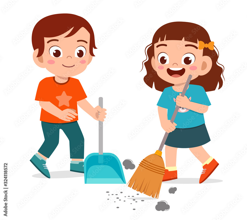 happy cute little kid boy and girl sweeping floor - obrazy, fototapety, plakaty 