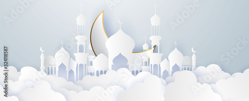 Ramadan kareem 2020 background. Paper cut vector illustration with mosque and moon, place for text greeting card and banner