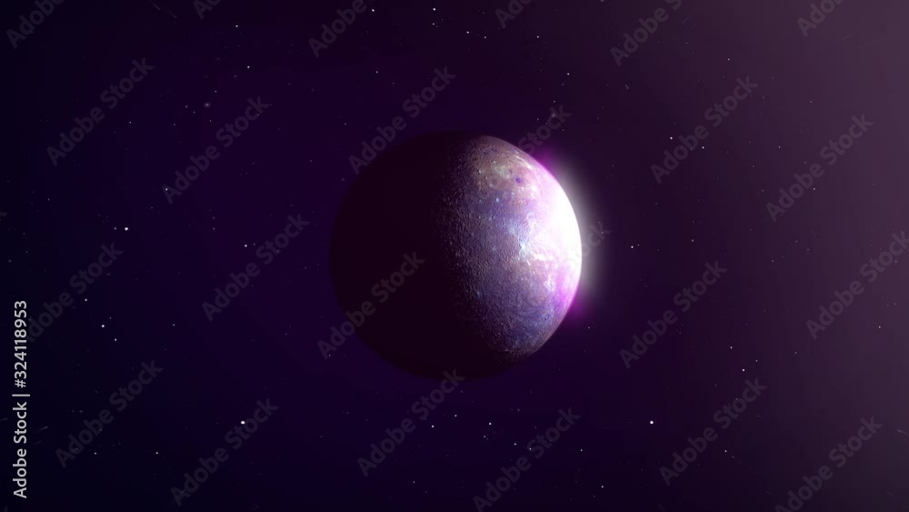 Photo real 3D animation of Mercury in retrograde. Planet Mercury spins slowly as the camera tracks forward to reveal its shiny surface and hazy pink atmosphere. Clip contains stars, space, Mercury.