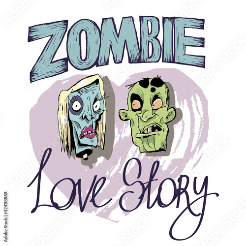 Image of a zombie married couple, love story. Color illustration, design of web pages and paper publications, branded products, stickers, poster.