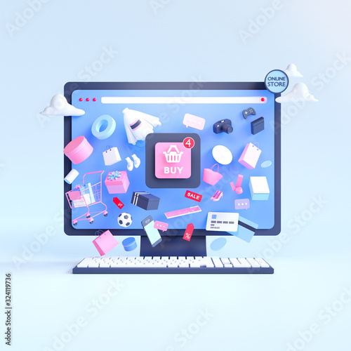 Shopping on-line. Online store on website or mobile application. 3d rendering background. digital marketing shop