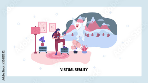 Virtual relity game. VR goggles and videogame console. Augmented reality technology. Vector web site design template. Landing page website concept illustration